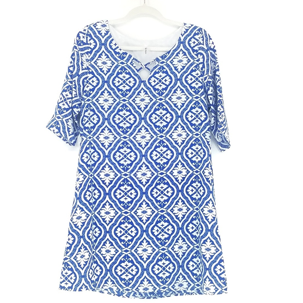 VIjo Couture Blue & White Patterned Slip Dress